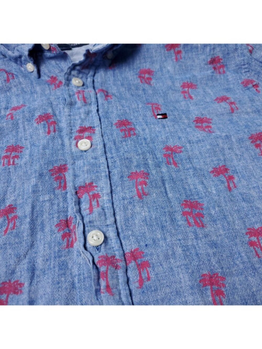 Tommy Hilfiger Linen Shirt Men M Medium Blue Cotton Button Short Sleeve Hawaiian - Picture 6 of 8